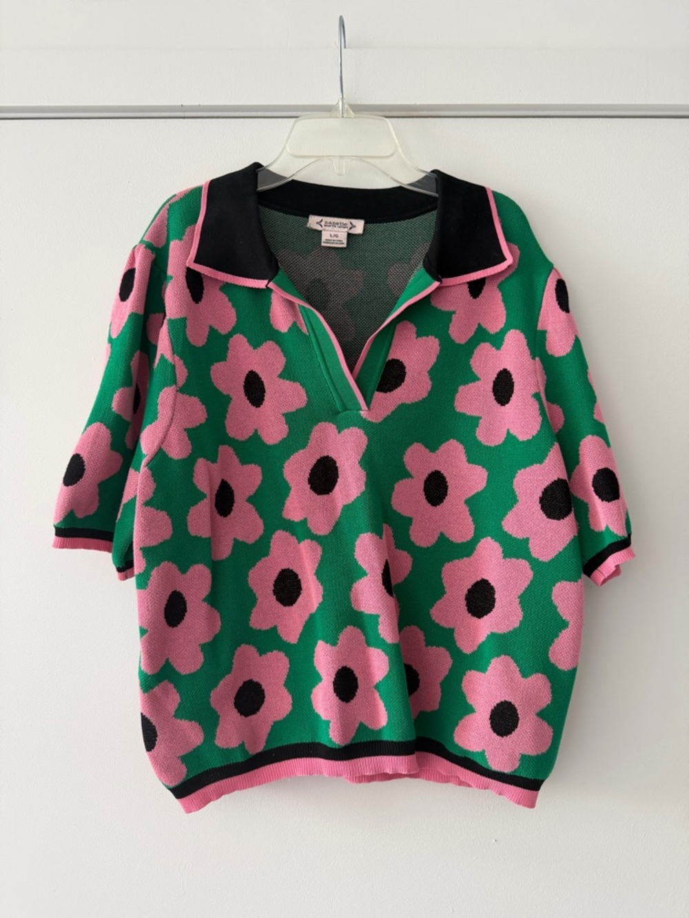 Nanette Lepore Green Polo Sweater with Pink Floral Motif